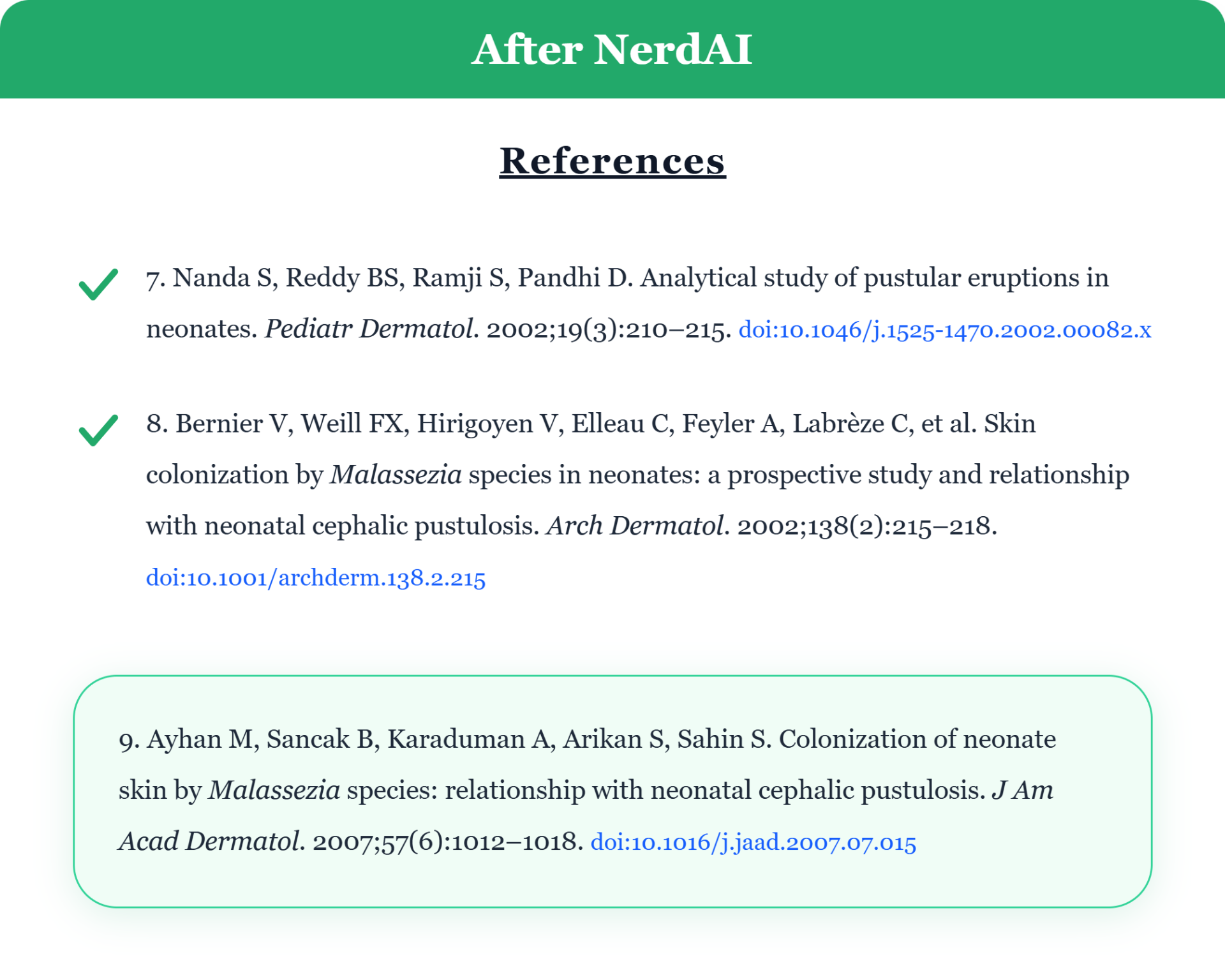 After NerdAI: real dermatology references with valid DOIs.