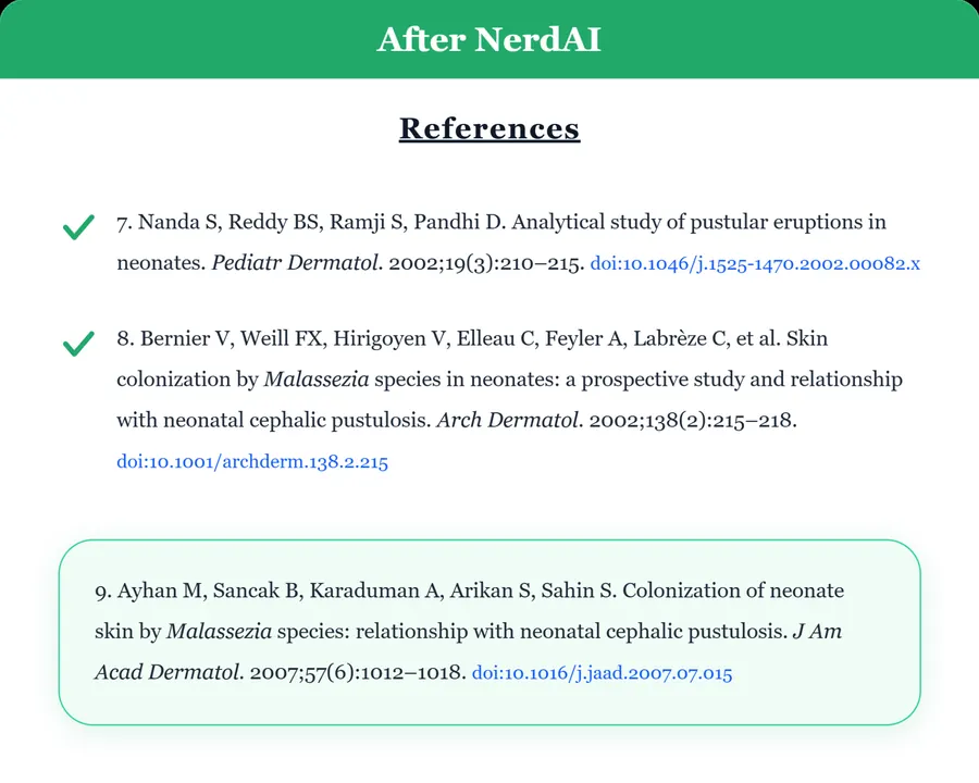 After NerdAI: real dermatology references with valid DOIs.